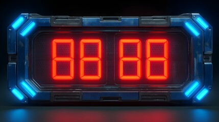 Futuristic metallic digital display panel illuminates numbers with bright contrasting neon light