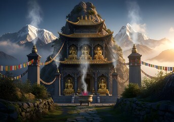Fototapeta premium A grand Buddhist temple stands solemnly amidst towering, mist-shrouded mountains, adorned with golden statues and colorful prayer flags, exuding spiritual tranquility and ancient majesty