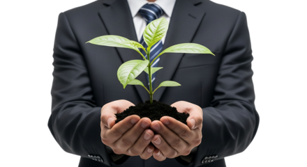 Businessman holding a small plant in hands isolated on transparent background