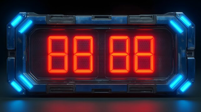 Futuristic metallic digital display panel illuminates numbers with bright contrasting neon light
