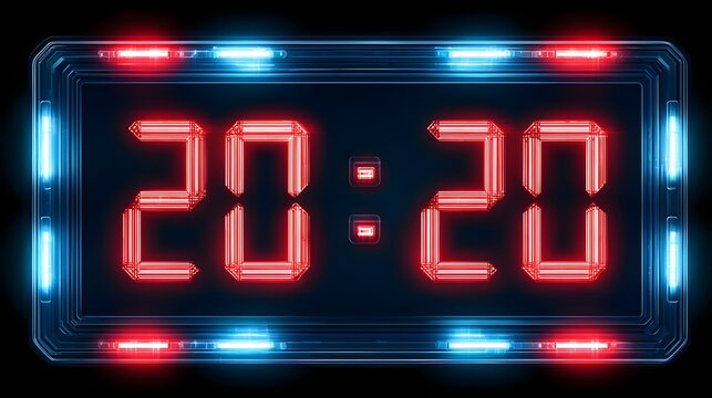 Digital countdown timer displays the number twenty twenty within a futuristic illuminated frame