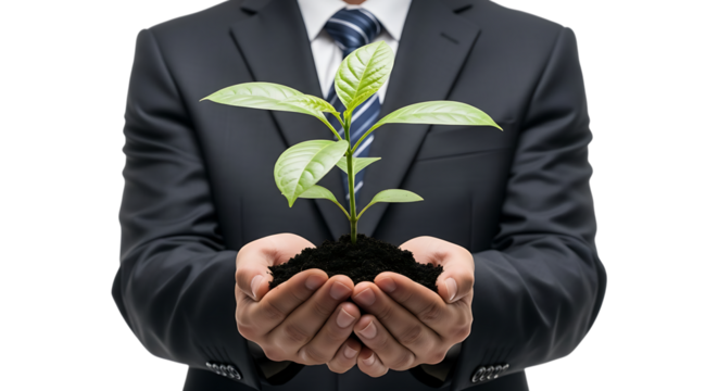 Businessman holding a small plant in hands isolated on transparent background