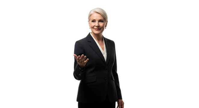 Elegant businesswoman in a suit gesturing with hand isolated on transparent background