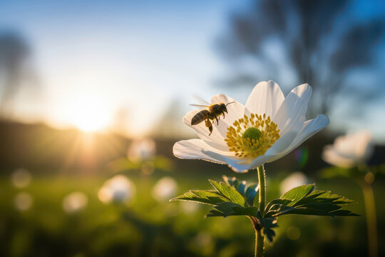Soft focus floral scene with bee and white blossom under warm sunset sky, dreamy spring or summer background