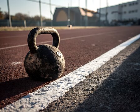 A single kettlebell resting on a running track near a white line in an outdoor training area