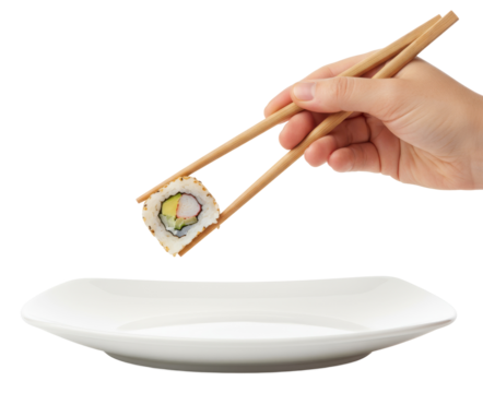 hand lifting a california sushi roll with chopsticks above a white plate - Powered by Adobe