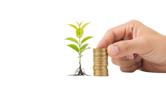 Hand placing a coin on a stack next to a plant isolated on transparent background - Powered by Adobe