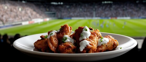 Delicious chicken wings served with creamy sauce at a lively sports event during an exciting match, enjoyed by fans in the stands