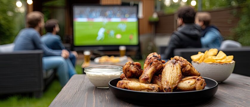 Friends enjoying a backyard gathering with chicken wings and snacks while watching a soccer game on a large screen