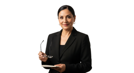 Professional woman in black suit holding glasses isolated on transparent background