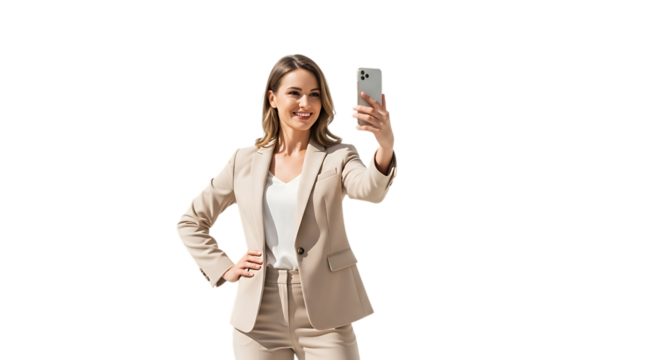 Smiling woman in suit taking selfie isolated on transparent background in studio
