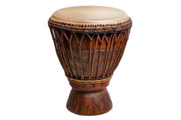 African Tribal Djembe Drum with Carvings Isolated on Transparent Background. Traditional African Djembe Drum Carved Design PNG.