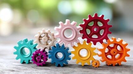 Colorful gears arranged on a wooden surface showcase creativity and craftsmanship in a playful manner at a vibrant workspace during daylight