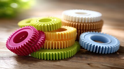 Colorful rubber gears arranged in a playful manner on a wooden surface during daylight hours, showcasing variety and texture for creative activities