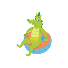 Fototapeta premium Cartoon crocodile in swim trunks floating on inflatable ball vector illustration