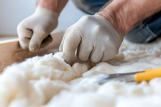 Hands in protective gloves working with insulating material and an installation knife, securing a building's thermal efficiency in a renovation project, indoor shot.