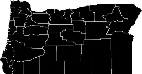 Vector political map of Oregon state outline with all internal county borders, filled with a solid black color, presented as a map of the Pacific Northwest US state.
