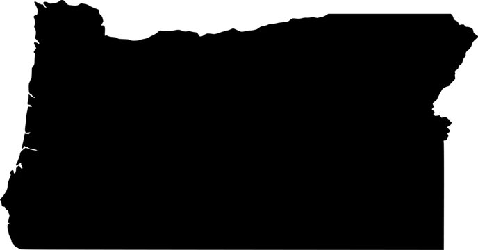 Black silhouette vector map of Oregon state boundary, presented as a solid color political template of the Pacific Northwest US state.