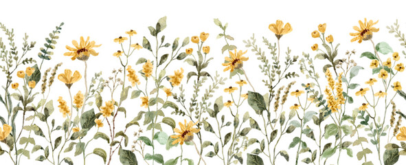 yellow wildflower watercolor seamless border