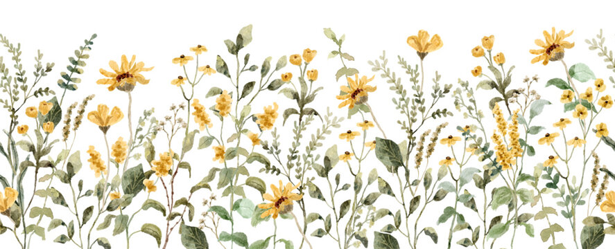 yellow wildflower watercolor seamless border