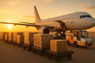 Airport cargo loading with plane and boxes at sunset, air freight logistics
