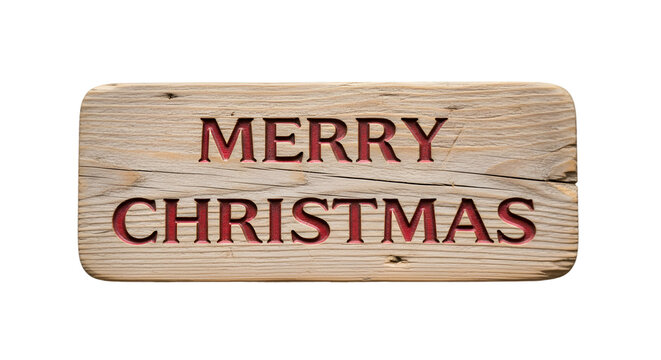 Rustic wooden sign with the words merry christmas carved into it, isolated on a transparent background, evoking a festive and traditional holiday spirit