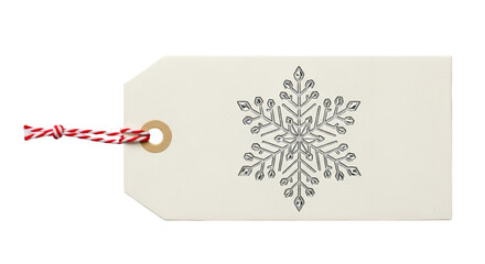 A simple, elegant snowflake design stamped on a creamcolored gift tag, isolated on transparent background, with red and white twine attached, perfect for winter holiday packaging and decorations