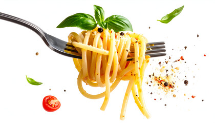 Spaghetti Twirled on Fork with Basil Cherry Tomatoes and Pepper Against White Background Food Photography