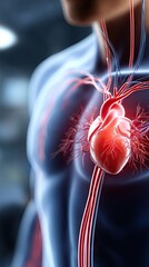 Detailed illustration of the human heart and circulatory system highlighting blood flow and anatomy in a dynamic medical study context