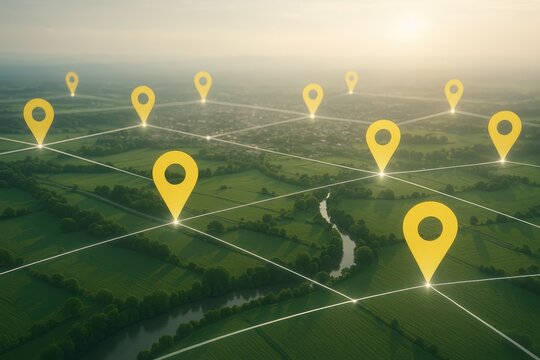 Digital map pins connect sprawling green landscape with sunlit horizon