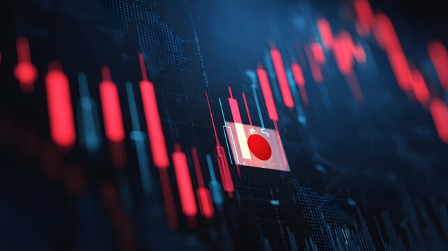 Glowing national symbol of an Asian nation overlaying a falling financial market graph