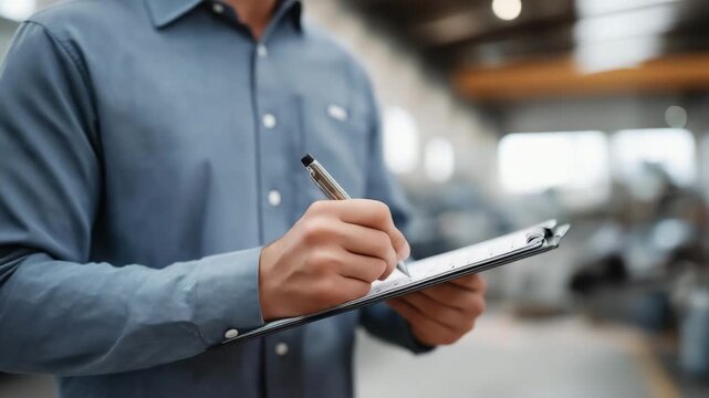 Industrial inspector applying stamp for approval on quality control checklist, emotion of professional pride visible, representing product certification, manufacturing precision, and verified
