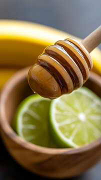 Golden drizzle: A honey dipper suspends a sweet drop over lime slices in a wooden bowl, promising a zesty and natural flavor pairing. A banana is also visible.