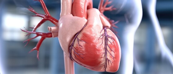 Detailed 3D representation of a human heart showcasing arteries and veins in a realistic medical environment with focused lighting