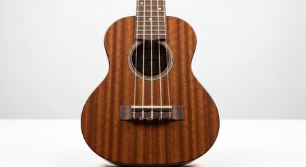Obraz premium Brown ukulele on a white background, facing forward, natural lighting