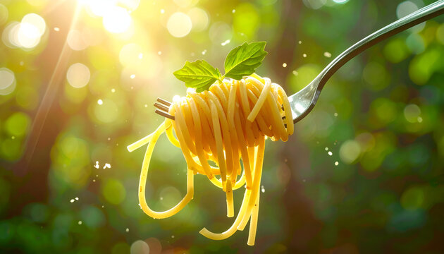 Sunlit Golden Spaghetti on Fork with Basil in Blurry Green Forest Background Bright Sunlight