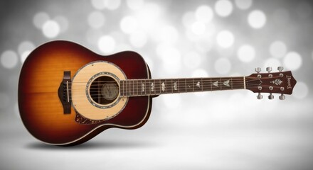 Acoustic guitar with sunburst finish on bokeh background, horizontal