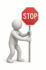 A 3D humanoid figure holding a red stop sign, symbolizing caution and warning in a simple minimalistic style.