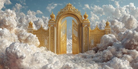 Golden gates rise above fluffy clouds creating a heavenly scene in a serene sky, inviting wonder and exploration