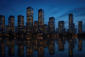 Fototapeta premium Glowing city skyline at dusk reflected in calm water, urban landscape, skyscrapers