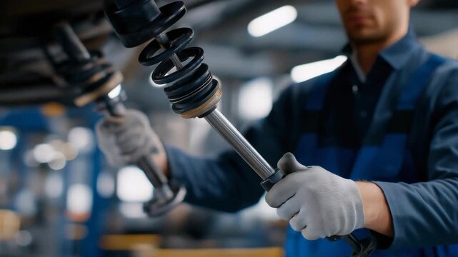 Mechanics replacing suspension components and shock absorbers on trucks illustrate hands-on expertise, safety-focused repair, mechanical problem-solving, and industrial maintenance knowledge.