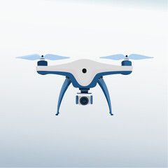 A white and blue drone with a camera attached flies against a gradient background transitioning from white to light blue.