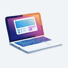 Illustration of an open laptop with a colorful screen on a white background, displaying a web page with a blue and purple interface.