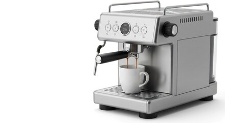 Espresso machine brewing into a white mug, isolated on a white surface