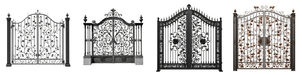 elegant wrought iron gates with intricate designs and decorations on transparent background