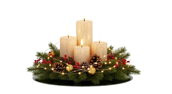 A festive christmas advent wreath with four lit candles, pine cones, red berries, and twinkling fairy lights, isolated on transparent background