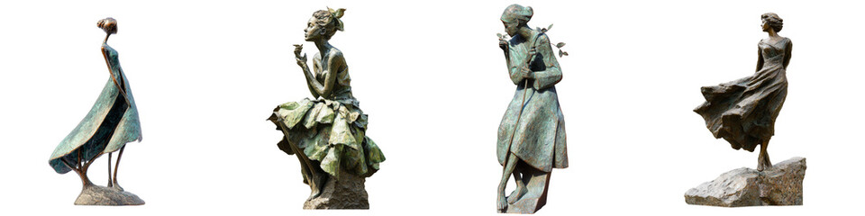 elegant bronze sculptures depicting graceful female figures on transparent background