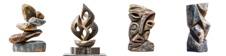 Abstract stone sculptures stacked artistic designs on transparent background