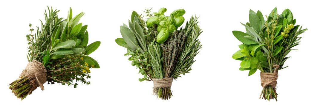 Three bunches of fresh green herbs tied with twine isolated on a transparent background 