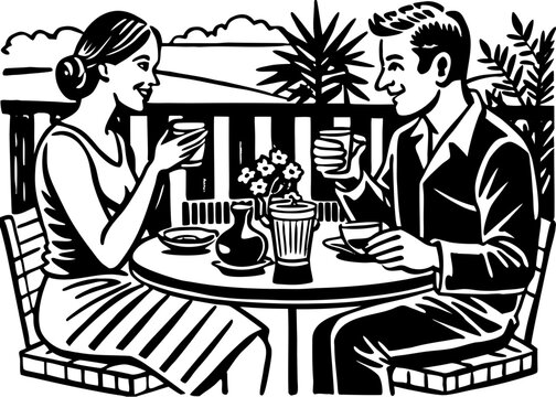 Couple Enjoying Outdoor Breakfast on Sunny Suburban Patio — Peaceful Morning and Cozy Lifestyle